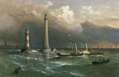 Image of HMS “Vivid” Passing the Old and New Eddystone Lighthouses, the Channel Squadron in the Distance