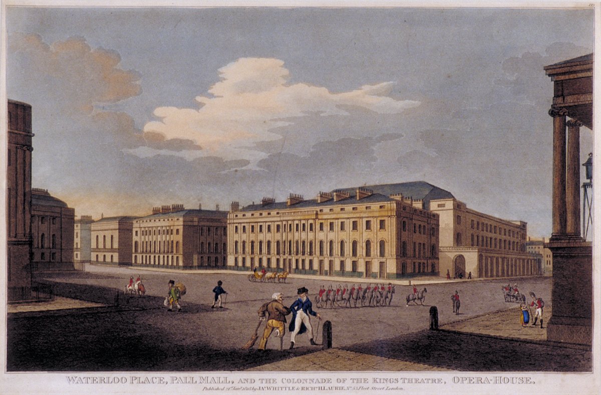 Image of Waterloo Place, Pall Mall, and the Colonnade of the King’s Theatre, Opera-House