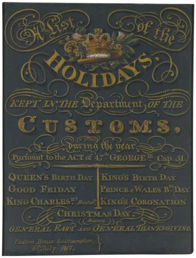 Image of A List of the Holidays Kept in the Department of the Customs, during the Year