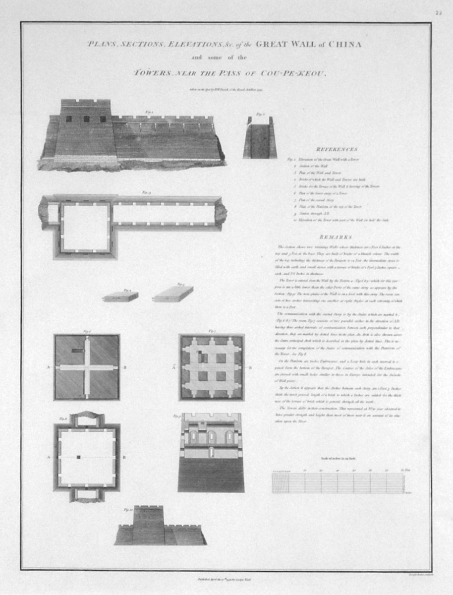 Image of Plans, Sections, Elevations, etc. of the Great Wall of China and some of the Towers near the Pass of Cou-Pe-Keou
