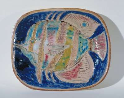 Image of Pottery Dish: Fish on Blue Ground
