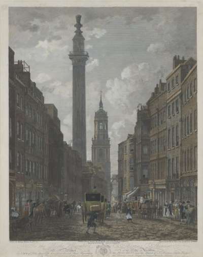 Image of View of Fish Street Hill from Gracechurch Street, showing the Monument and the Church of St. Magnus London Bridge