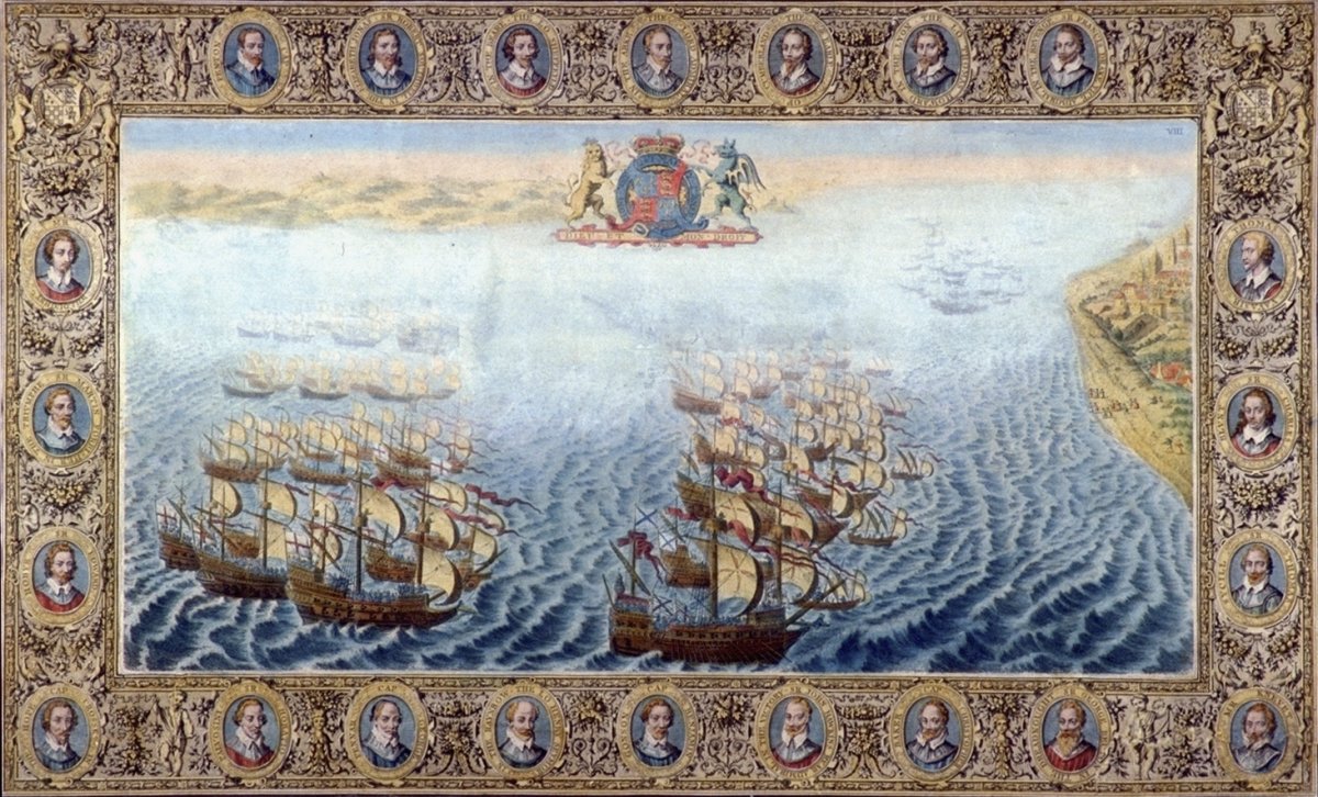 Image of VIII: The Spanish Fleet is seen sailing up the Channel, intending to stop at Dunkirk or Calais, where they were to be join’d by the Duke of Parma: The English follow them close