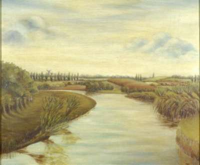 Image of River Scene with Windmill