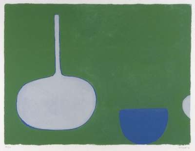 Image of Bottle and Bowl, Blues on Green