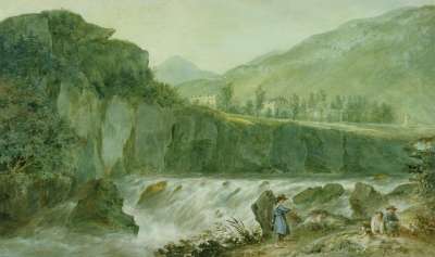 Image of River Landscape with Figures and “Gothic” House