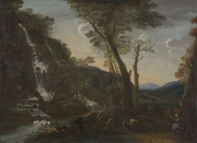 Image of Landscape with Trees, Cattle and Waterfall