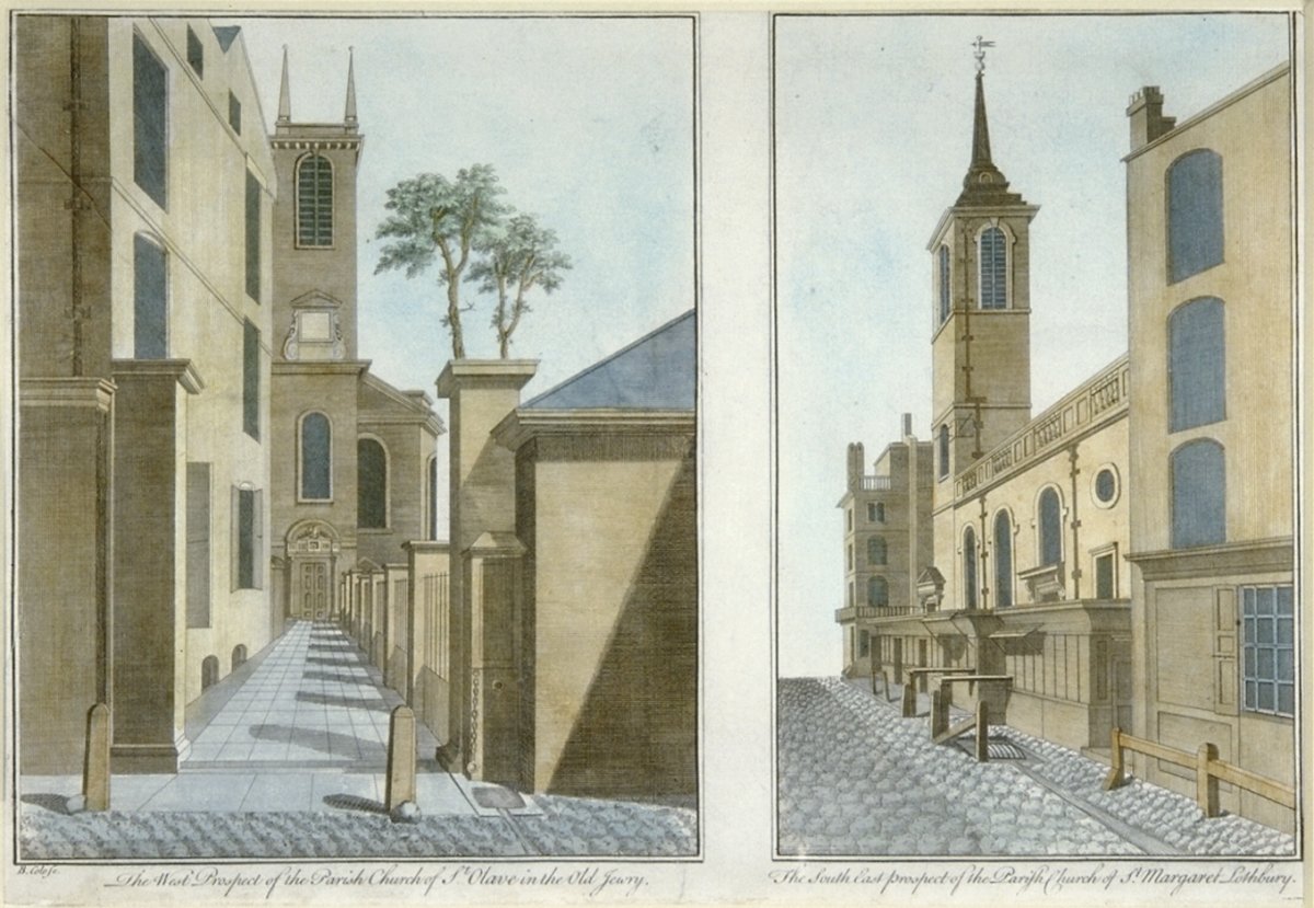 Image of The West Prospect of the Parish Church of St. Olave in the Old Jewry / The South East Prospect of the Parish Church of St. Margaret Lothbury