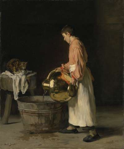 Image of Domestic Scene: Boy with Water Pitcher and Cat
