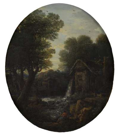 Image of Landscape, a Man Fishing by a Mill-Stream