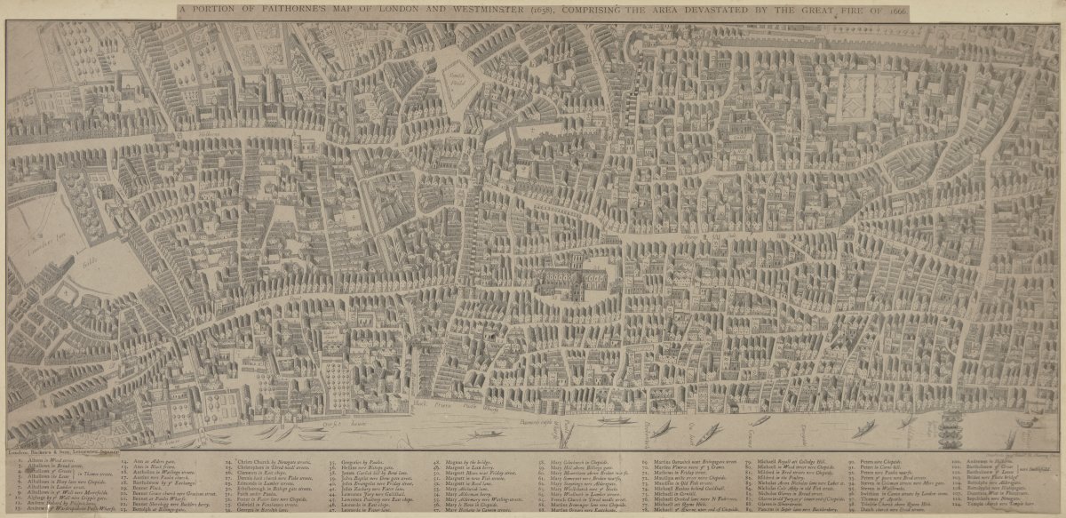 Image of A Portion of Faithorne’s Map of London and Westminster (1658) Comprising the Area Devastated by the Great Fire of 1666