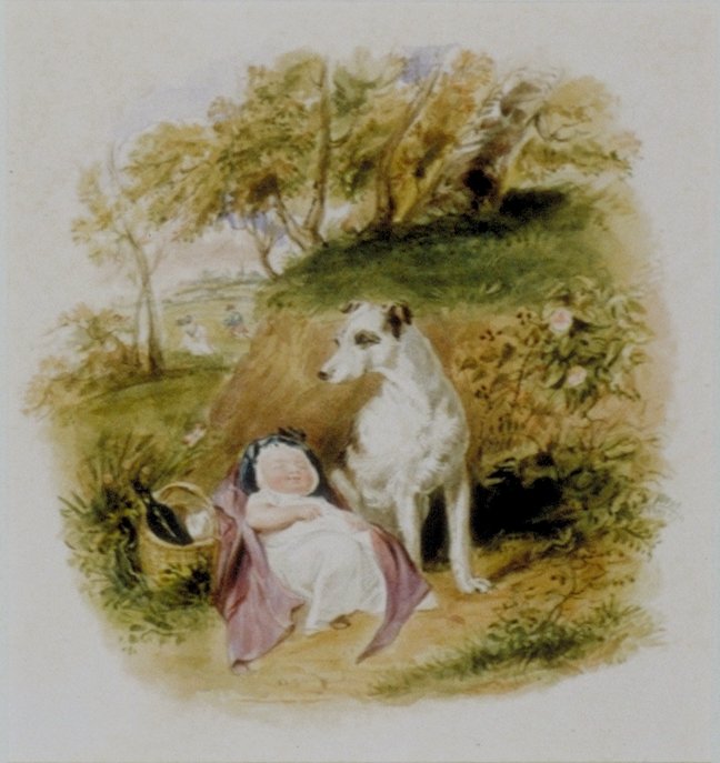 Image of Baby, Dog, Basket and Bottle in a Landscape
