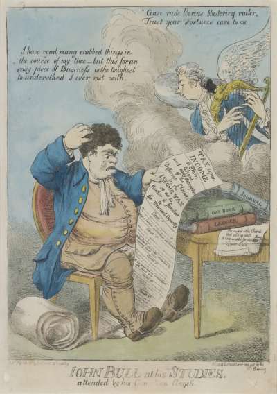 Image of John Bull at his Studies, attended by his Guardian Angel