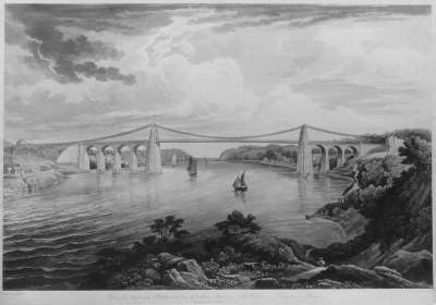 Image of View of the Suspension Bridge erected over the Menai Strait in North Wales, looking towards Beaumaris
