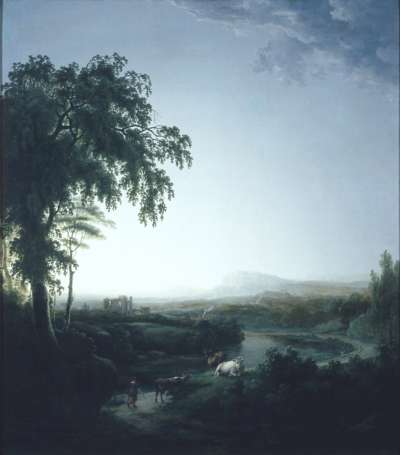Image of Landscape with River and Cows at Dusk
