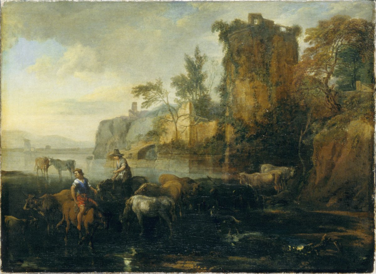 Image of Cattle Drinking in a Landscape