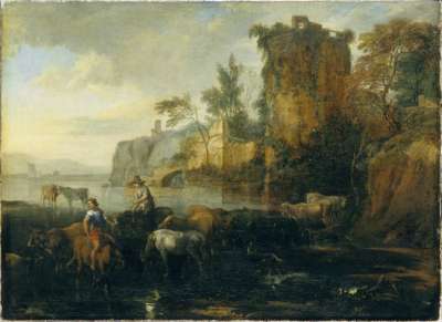 Image of Cattle Drinking in a Landscape