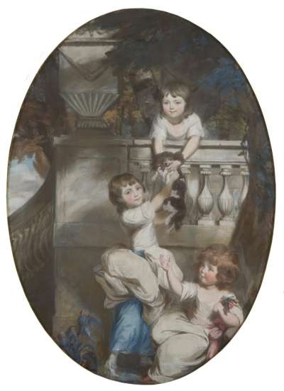 Image of Three Young Girls on a Terrace with a Dog