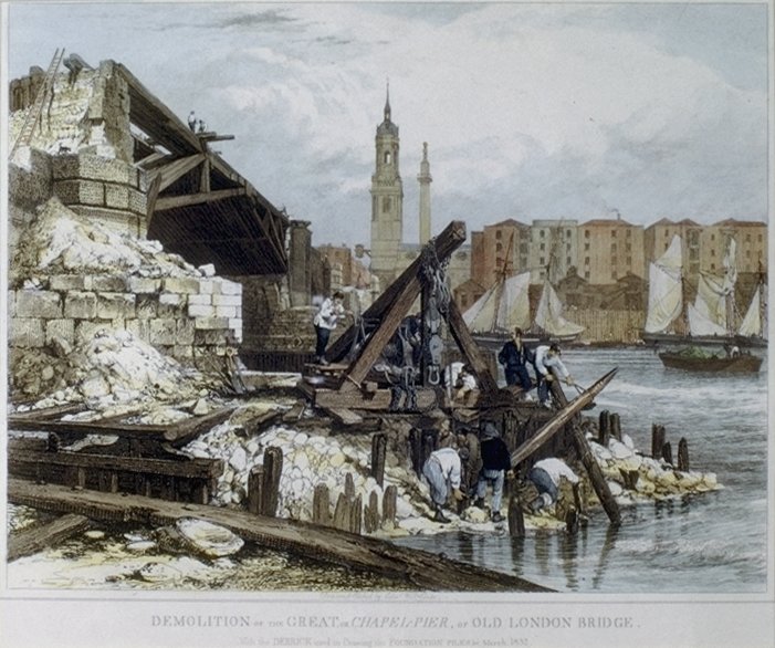 Image of Demolition of the Great, or Chapel-Pier of Old London Bridge, with the Derrick used in Drawing the Foundation Piles etc, March 1832