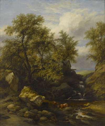 Image of Rocky Landscape with Waterfall and Cattle