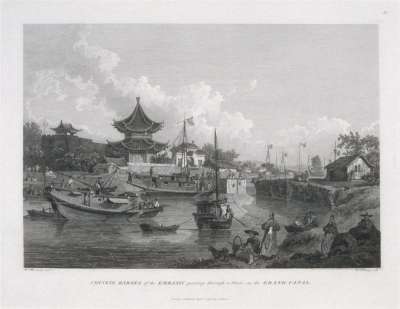 Image of Chinese Barges of the Embassy passing through a Sluice on the Grand Canal