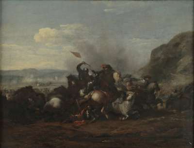 Image of Horsemen in Combat; Man with Red Flag