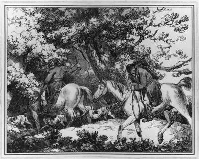 Image of Two Huntsmen with Dogs under Trees