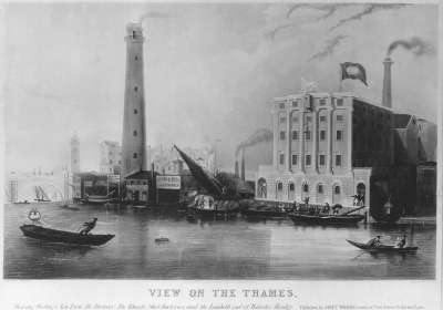 Image of View on the Thames, showing Goding’s New Lion Ale Brewery, The Wharves, Shot Factories, and the Lambeth End of Waterloo Bridge