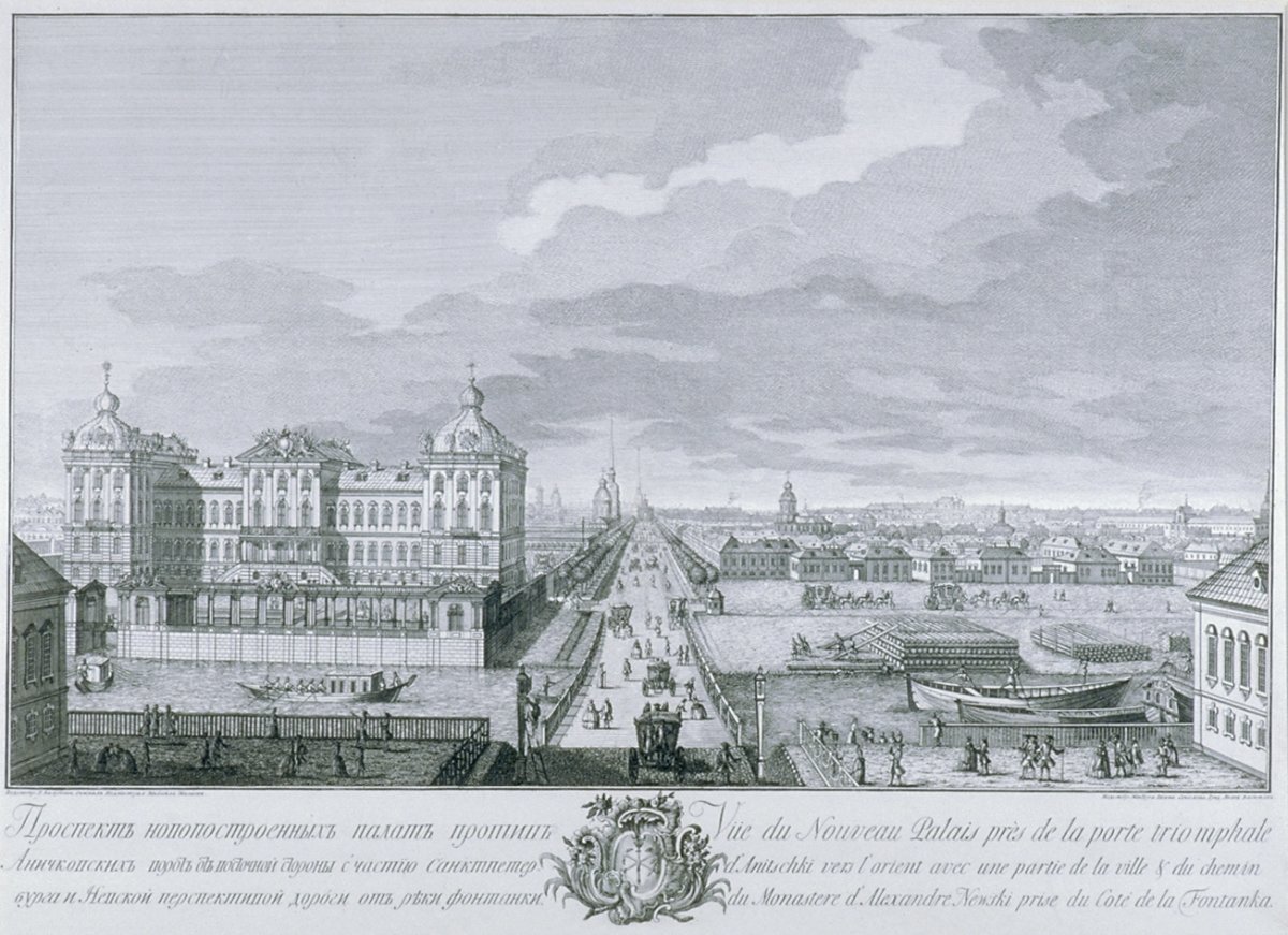 Image of Vüe du Nouveau Palais près de la porte triomphale d’Anitschki vers l’orient avec une partie de la ville & du chemin du Monastere d’Alexandre Newski prise du Coté de la Fontanka.