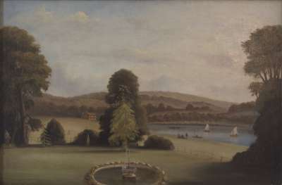 Image of River Scene with Fountain in Garden