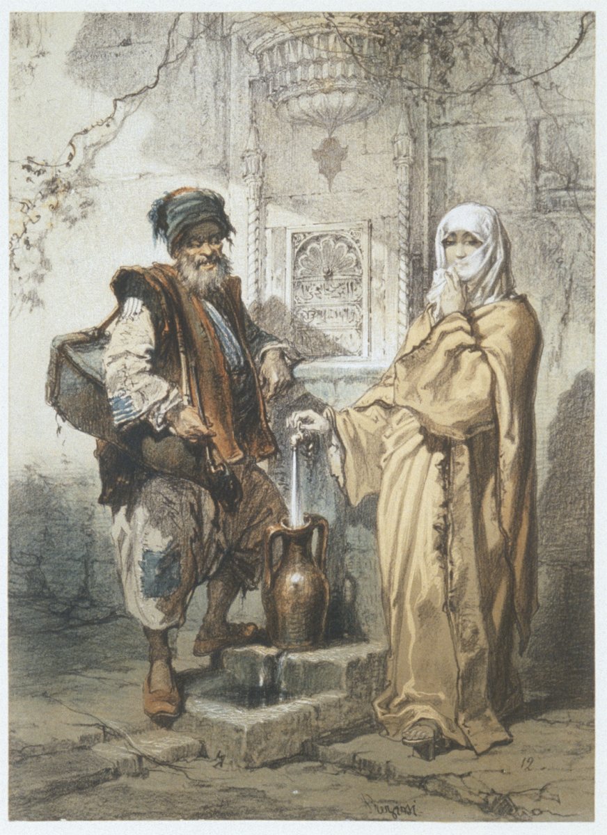 Image of Water Carrier and Woman at a Fountain
