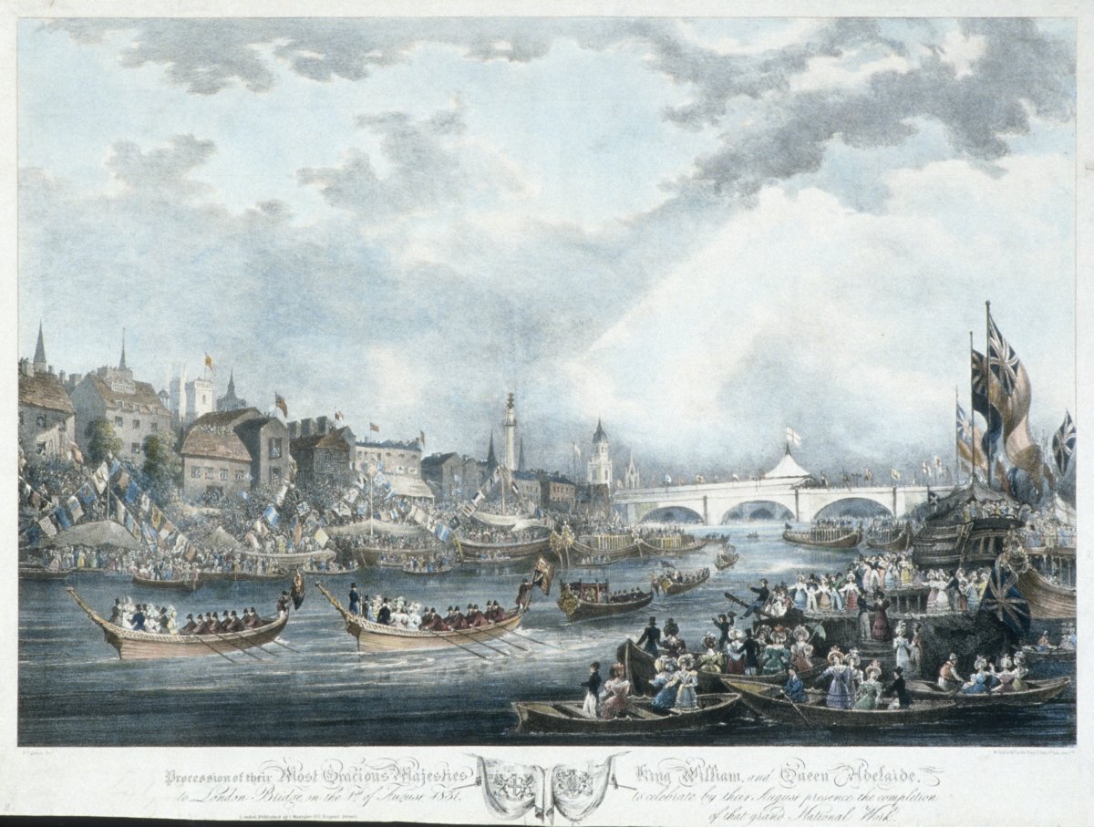 Image of The Procession of their Most Gracious Majesties King William and Queen Adelaide to London Bridge on the 1st of August 1831 to celebrate by their August presence the completion of that grand National Work