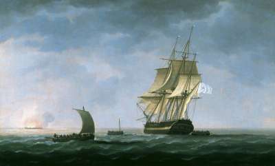 Image of HMS “Hindostahn” on Fire, Rosas Bay 2 April 1804