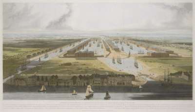 Image of An Elevated View of the New Docks and Warehouses now Constructing on the Isle of Dogs near Limehouse, for the Accommodation of Shipping in the West India Trade