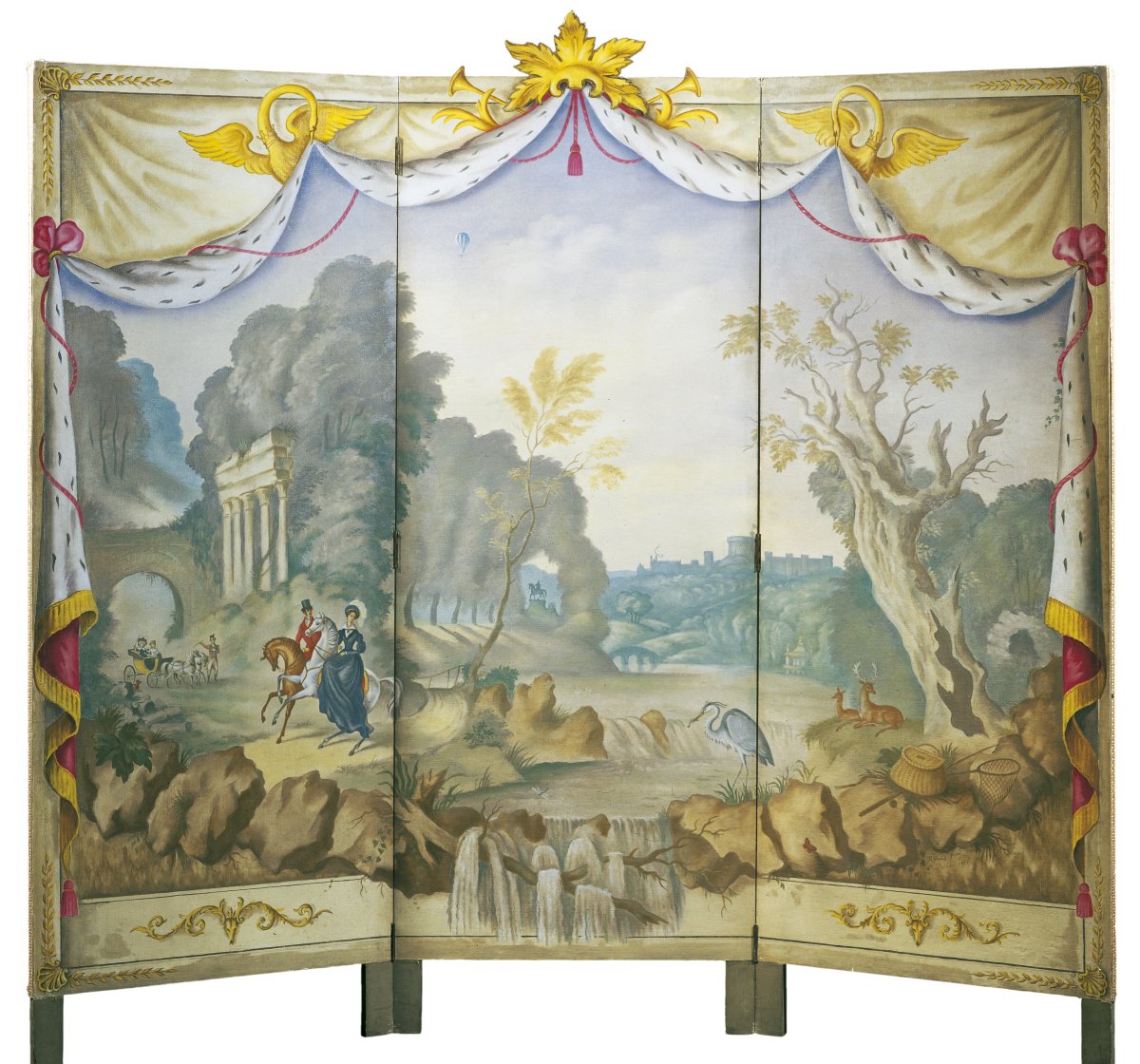 Image of 3 Part Screen: Imaginary View of Windsor Castle and Virginia Water: the young Queen Victoria Riding with the Prince Consort