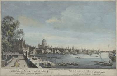 Image of A West View of London with the Bridge, taken from Somerset Gardens / Vue de la Ville et du Pont de Londres, du côté du Jardin de Somerset