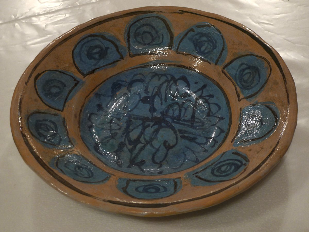 Image of Pottery Dish with Blue and Black Design
