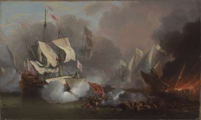 Image of Men-o-War in Action: English Ship and Barbary Pirate Vessels
