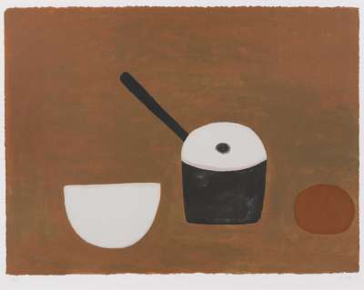 Image of White Bowl, Black Pan on Brown