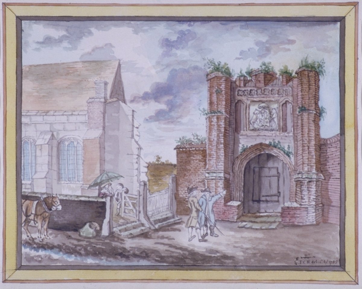Image of Figures in Front of a Church and a Gateway