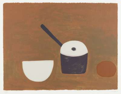 Image of White Bowl, Black Pan on Brown
