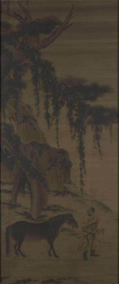 Image of Chinese Landscape with a Man Leading a Horse