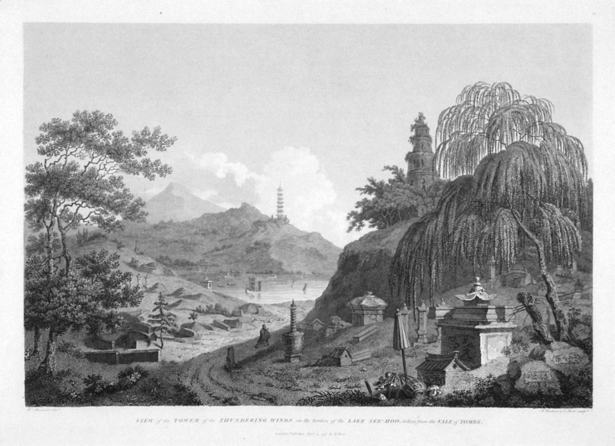 Image of View of the Tower of the Thundering Winds on the borders of the Lake See-Hoo, taken from the Vale of Tombs