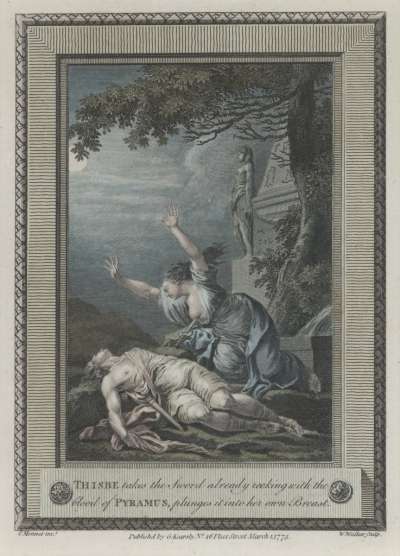 Image of Thisbe takes the Sword already Reeking with the Blood of Pyramus, plunges it into her own Breast