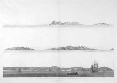 Image of Cape Macartney & Staunton’s Island / Cape Macartney & Cape Gower / View of the City of Ten-Tchoo-Foo from the Anchorage of the Hindostan in the Strait of Mi-a-Tau
