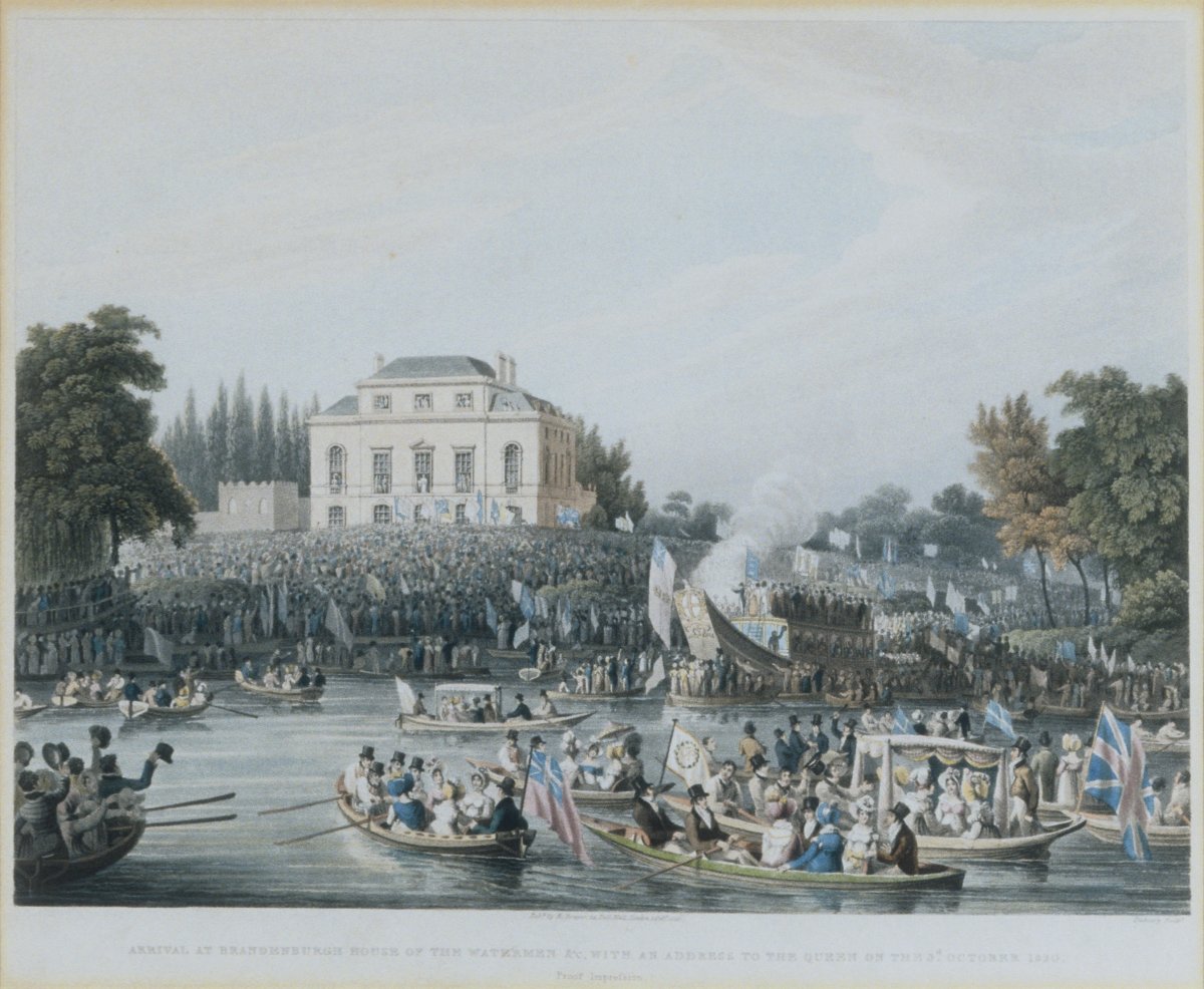Image of Arrival at Brandenburgh House of the Watermen etc, with an Address to the Queen on 3 October 1820