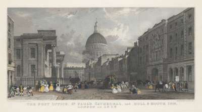 Image of The Post Office, St. Paul’s Cathedral, and Bull & Mouth Inn, London in 1829