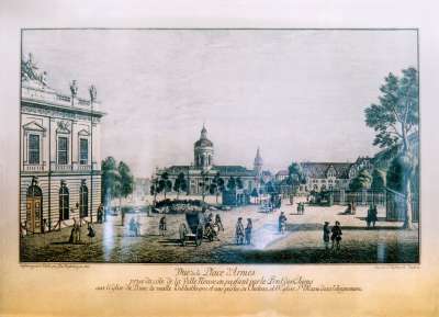 Image of Vue de la Place d’Armes prise du côté de la Ville Neuve, en passant par le Pont des Chiens avec l’Eglise du Dome, la vieille Bibliotheque et une partie du Chateau, et l’Eglise Ste Marie dans l’éloignement, Berlin