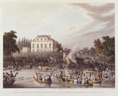 Image of Arrival at Brandenburgh House of the Watermen etc. with an Address to the Queen on the 3rd. October 1820