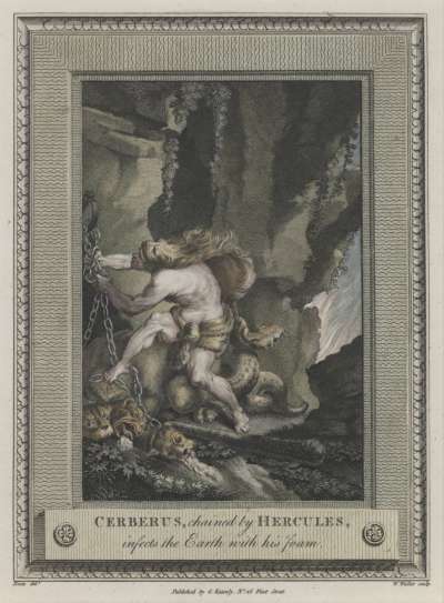 Image of Cerberus, Chained by Hercules, infects the Earth with his Foam